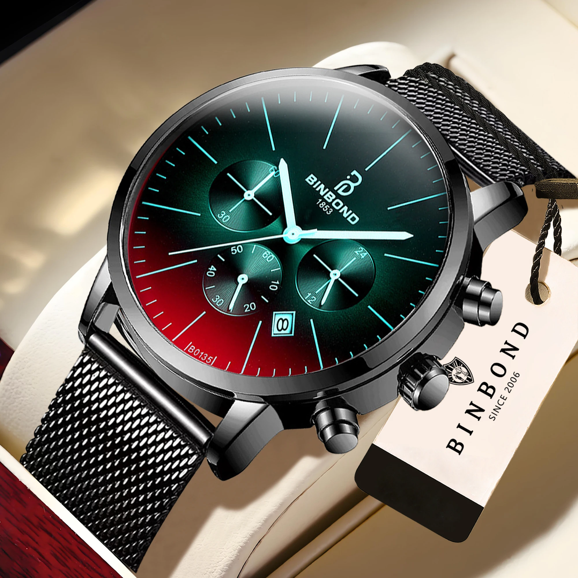 BINBOND Ultra Thin Quartz Watches For Men Luxury Luminous Waterproof Chronograph Men's Watch Relogios Masculino +Gift Box