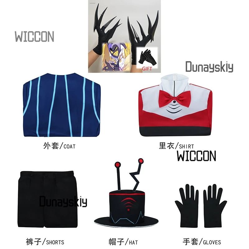 مجموعة كاملة من أزياء Hazbin Vox بدلة أنيمي باللون الأزرق والأحمر مع ملحقات ثلاثية الأبعاد معطف موحد للبالغين في كرنفال الهالوين وعيد الميلاد