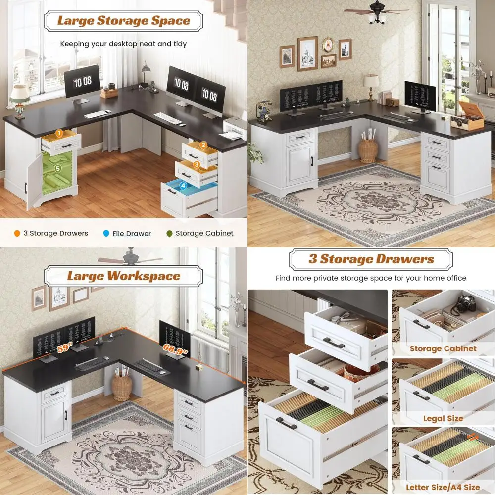 

Белый угловой офисный стол L-образной формы для дома, 69 дюймов, с ящиками, местом для хранения и розеткой