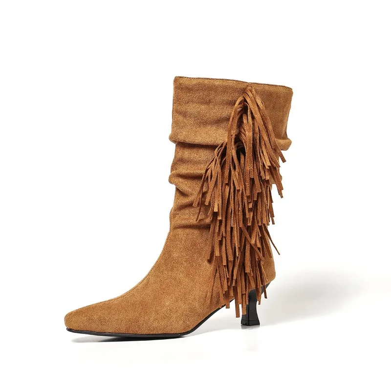 

Womens Boots Fashion Tassel Designer Boots Brown Suede Leather Casual Boot Temperament Stiletto High-heeled Mid-calf Boots Botas
