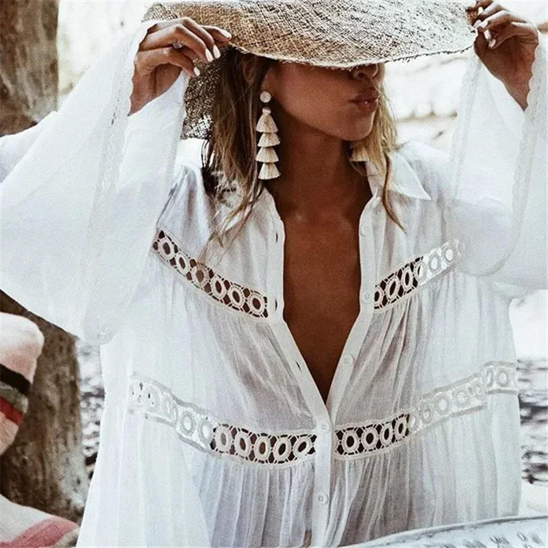 2025 White Hollow Out Blouse Shirt Beach Cover Ups for Women Long Flared Sleeve Loose Cotton Beach Wear Bikini Cover Up Bohemio