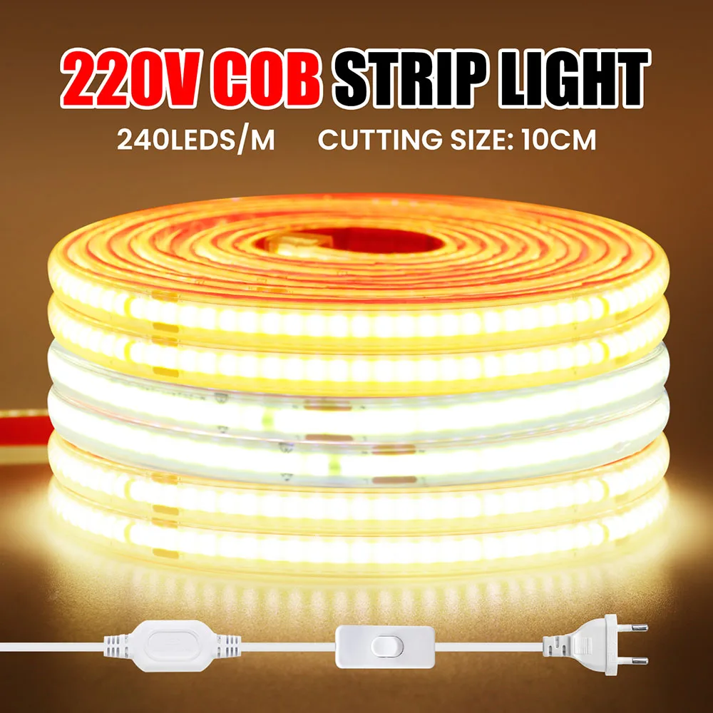 À prova dwaterproof água cob led luz de tira 220v interruptor plugue de alimentação da ue 240led adesivo fita flexível iluminação para casa 5m 10m 20m 30m 40m 0.5m