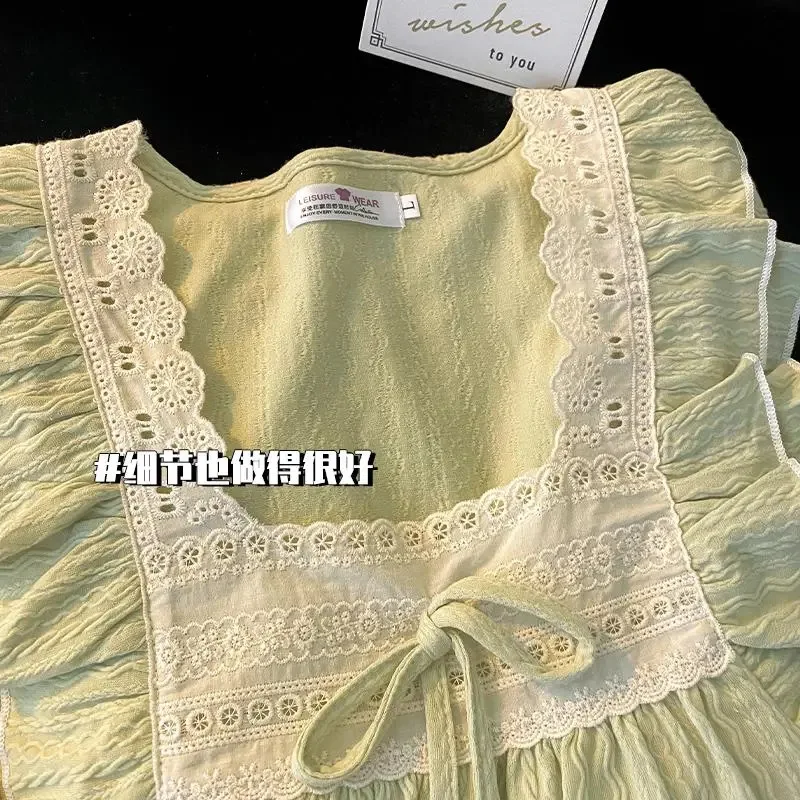 Girls Long-sleeve Pant Pajamas Spring Autumn with Square Neckline Plain Lace Loungewear Set Lady Soft Loose Homewear Women Girls