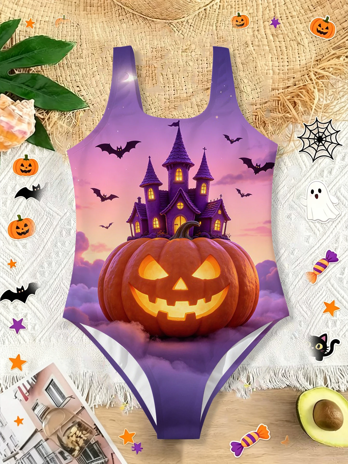 Girls' Summer Halloween Grand Pumpkin Castle Fashionable Tight One-piece Swimsuit 4
