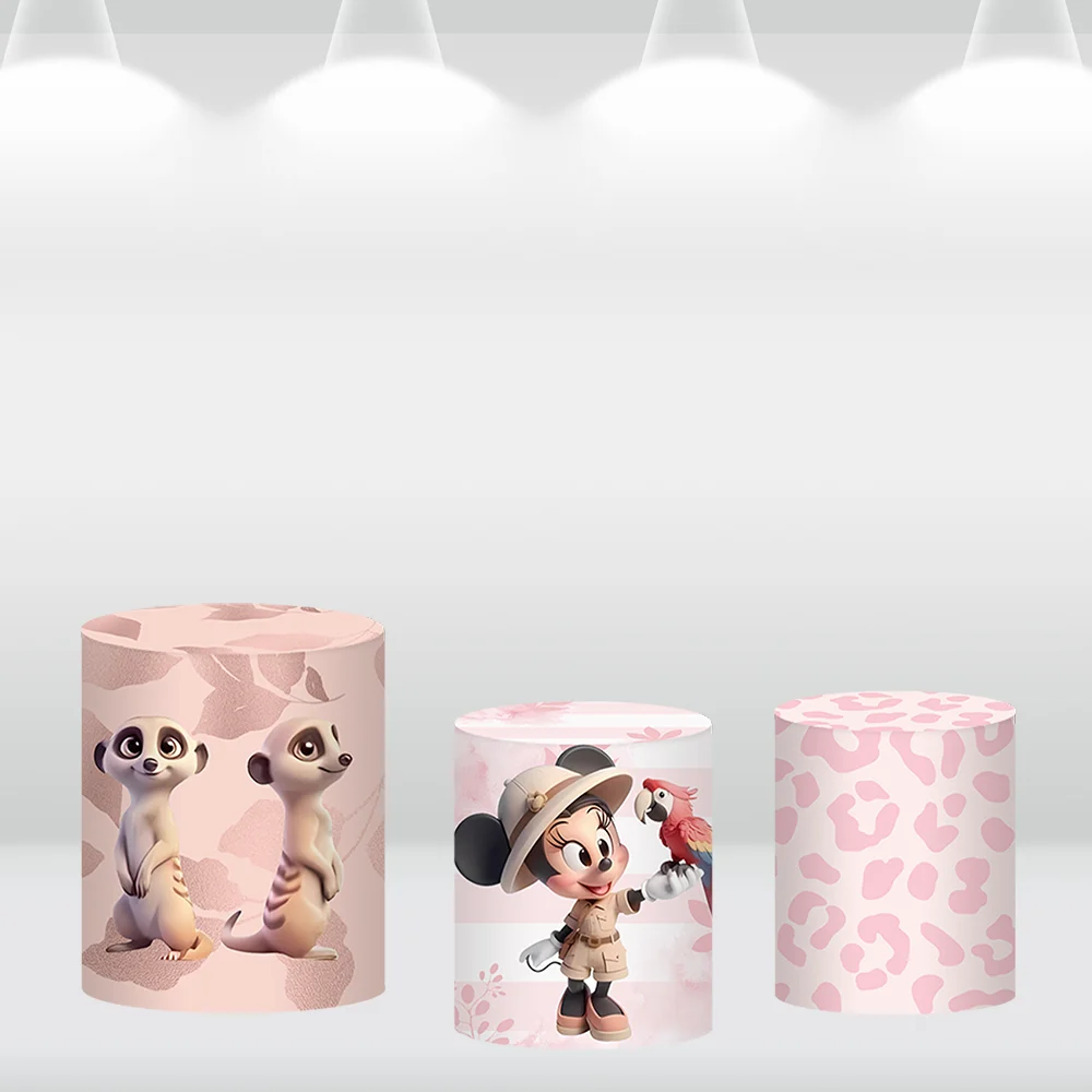 Pink Minnie Safari Party Round Circle Backdrop Cover Cartoon Animals Wild One Baby Shower Background Party Banner Cylinder Cover