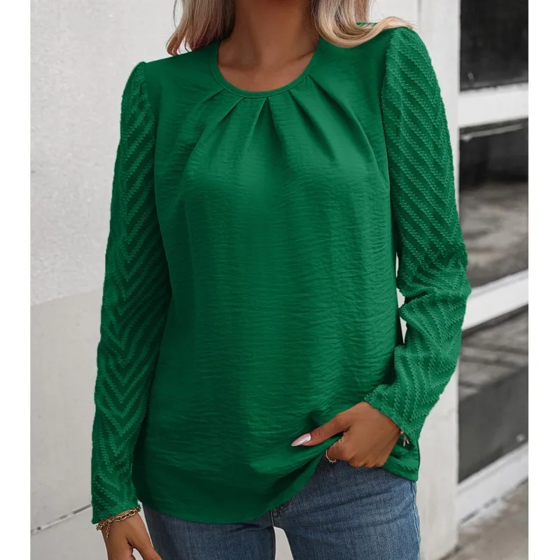 2024Spring and Autumn New Solid Color Casual Fashion Women's Round Neck Folded Chiffon Perspective Long Sleeve Temperament Shirt