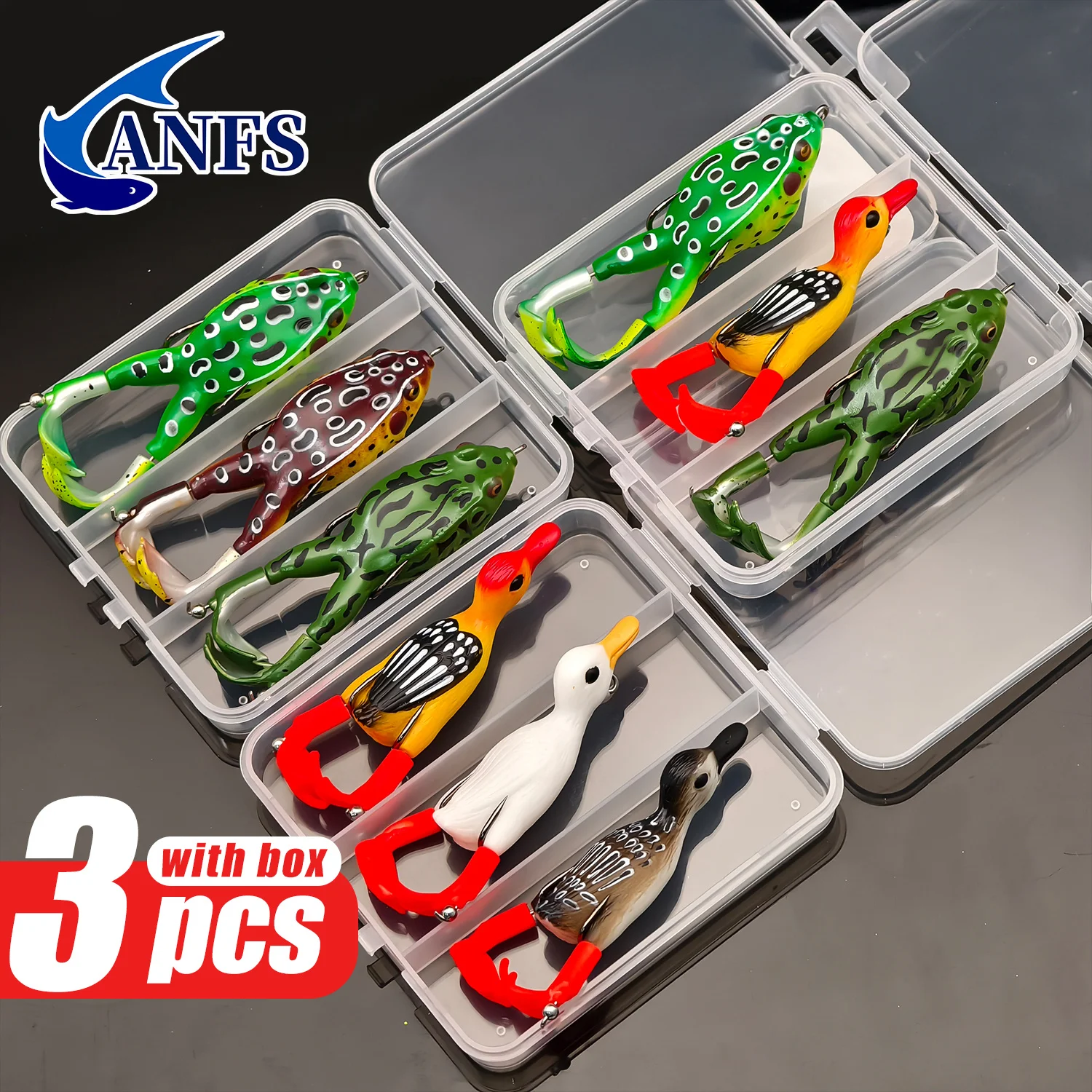 ANFS 3 peças de iscas de pesca em formato de sapo e pato premium com caixa de armazenamento - isca macia para pesca em água doce em água doce
