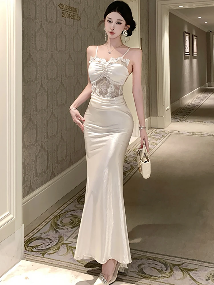 

Весеннее модное атласное платье с кружевными вставками, сексуальное длинное платье на бретельках, элегантное роскошное вечернее платье для женщин 2026, корейское облегающее вечернее платье