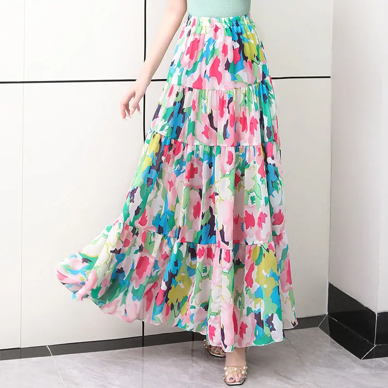 

Summer Fairy Floral Printed A-line Maxi Long Chiffon Skirts Cakee Casual Ankle Long Pleated Skirt