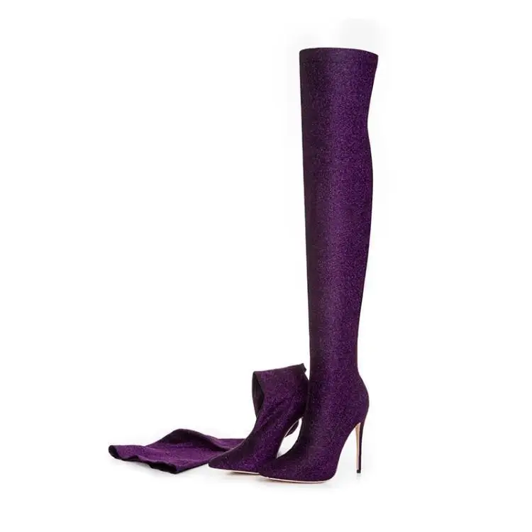 

Arden Furtado 2025 Elastic cloth Over the knee boots Pointed toe Slip-on Stilettos heels Skinny boots Extra large size boots
