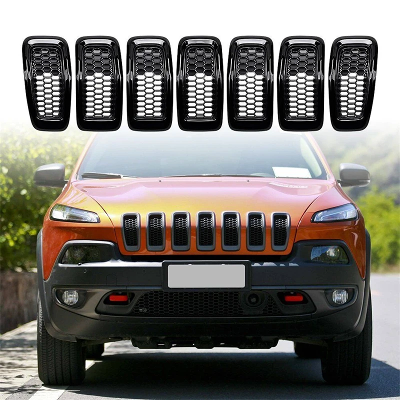 

7Pcs Grill Ring Front Grille Inserts Cover Trim Gloss Black for Jeep Cherokee 2014 2015 2016 2017 2018