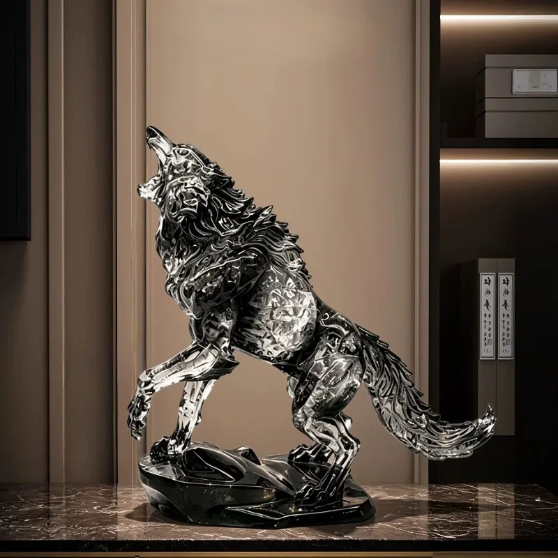 Creative Wolf King Statues Sculpture Grey Transparent Resin Animal Figurine Desktop Ornaments Modern Home Decor Resin Craft Gift