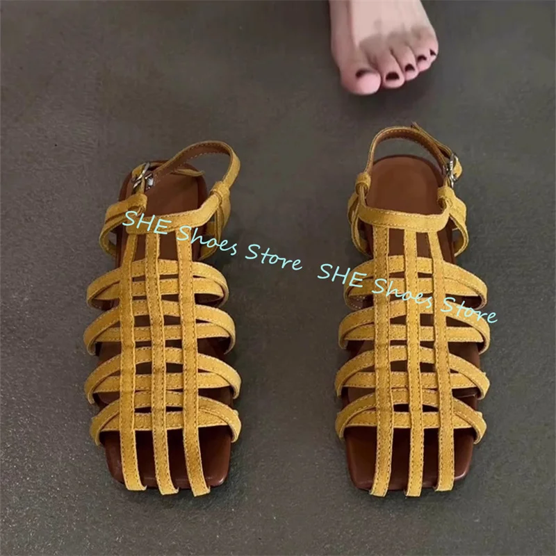 

French Style Weaving Hollow Out One-strap Women Sandals Narrow Band Square Toe Low Heel Pumps Ladies Summer Beach Casual Shoes