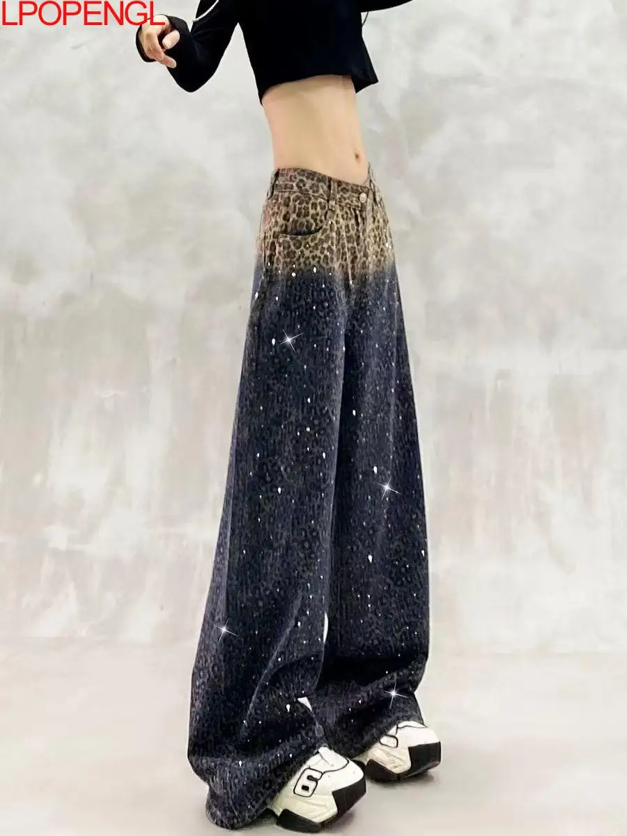 New Colorblock Hot Diamond Leopard Print Casual Jeans Women Spring High Waist Loose Versatile Straight Streetwear Wide Leg Pants