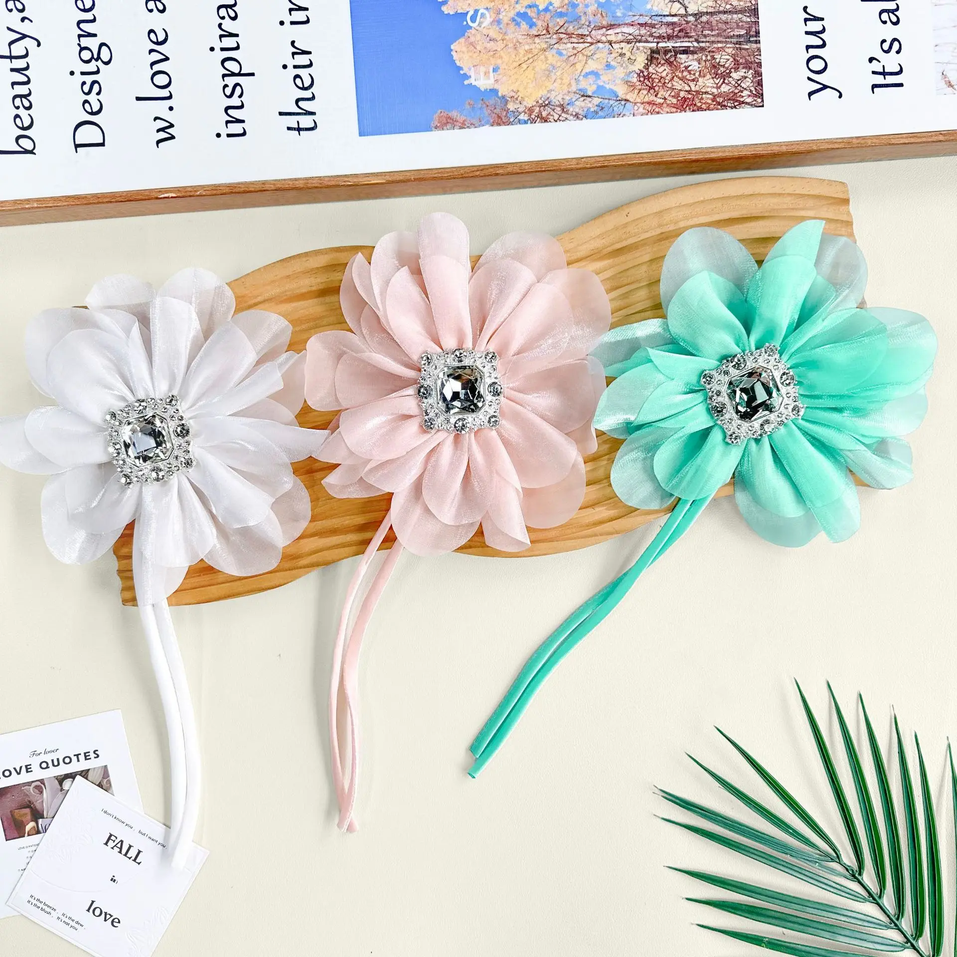Chiffon flower hair accessories, children's headbands, multi-colored rhinestone hair flowers, handmade clothing materials
