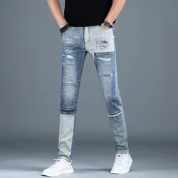 Street retro jeans strappati da uomo slim fit alla caviglia alla moda stile coreano cuciture pantaloni lunghi casual lavati nostalgici