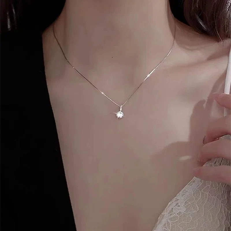 Single Round Brilliant Cut CZ Pendant Necklace Vertical Bar Stone Link Chain Minimal Everyday Dainty Collar Jewelry For Women