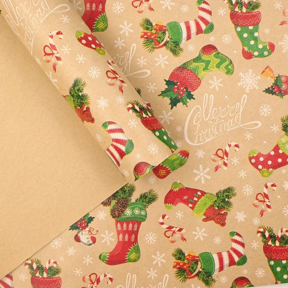 1 Roll Christmas Wrapping paper Gift wrap paper-17in x 9.8Feet-Kraft paper, Scepter and boots with snow design for Xmas,Party