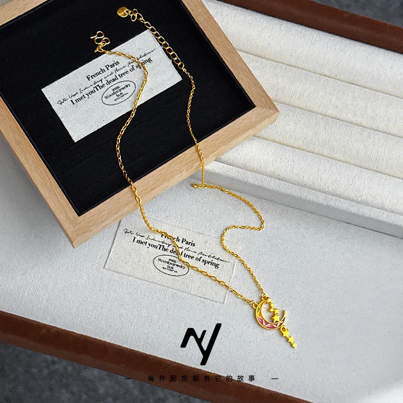 الرجعية ستار القمر قلادة 9999 24K الذهب الحقيقي مزاجه لطيف ضوء الفاخرة المينا اللون الرائعة غالاكسي سلسلة الترقوة