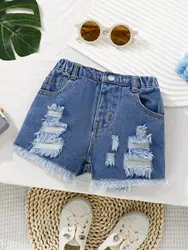Girls' denim shorts baby children's summer wear woolly edge elastic waist denim blue