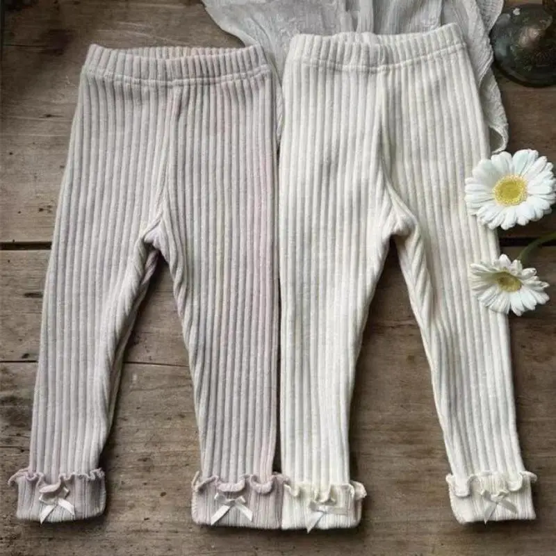 2024 Autumn New Baby Girl Bow Pants Ribbed Cotton Leggings Infant Kids Clothes Girls Skinny Trousers