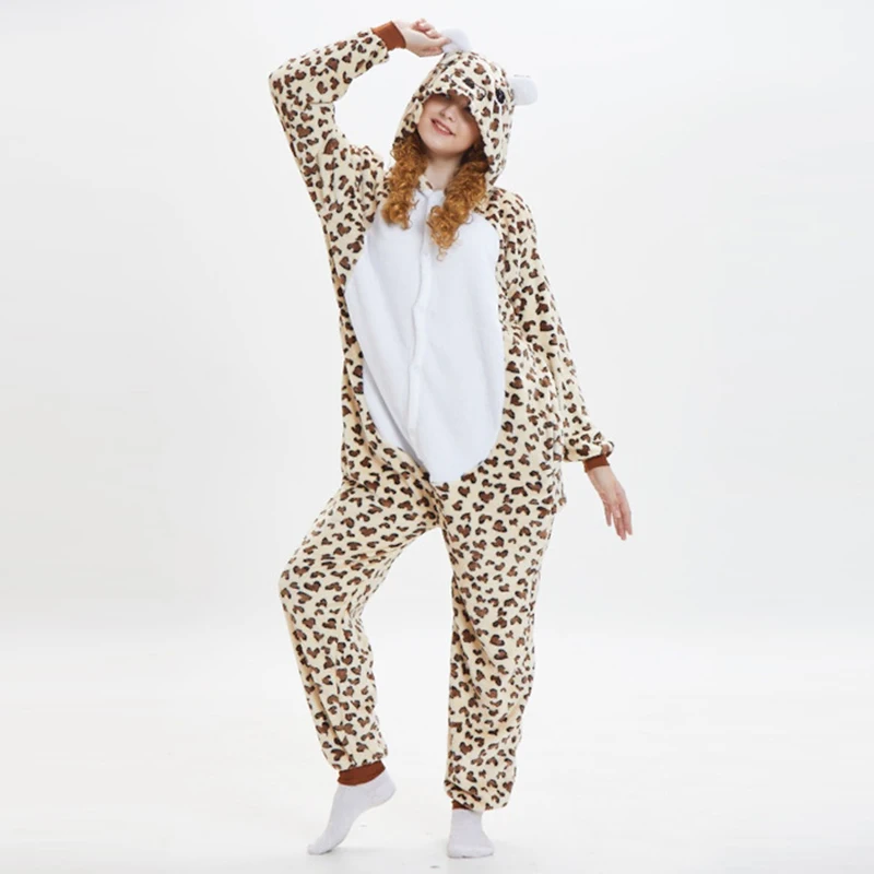 Cute Cartoon Kigurumi Bear Pajamas Long Sleeve Hooded Onesie Adult Women Animal Halloween Christmas Jumspuit Leopard Sleepwear