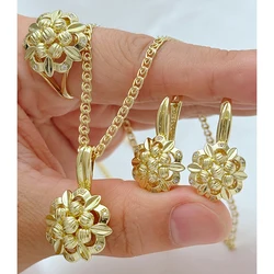 Kinel Hot 14K Real Gold Plating Ethnic Bride Necklace Earrings Ring for Women Shiny Natural Zircon Accessories Vintage Jewelry