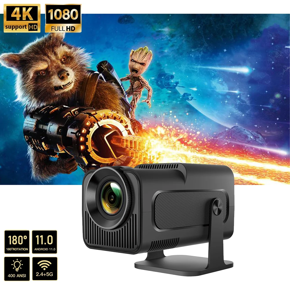 HY320 Newly Native 720P Android 11 4K Projector 300ANSI Wifi6 BT5.0 Cinema Outdoor Portable 180 ° Rotable Projector