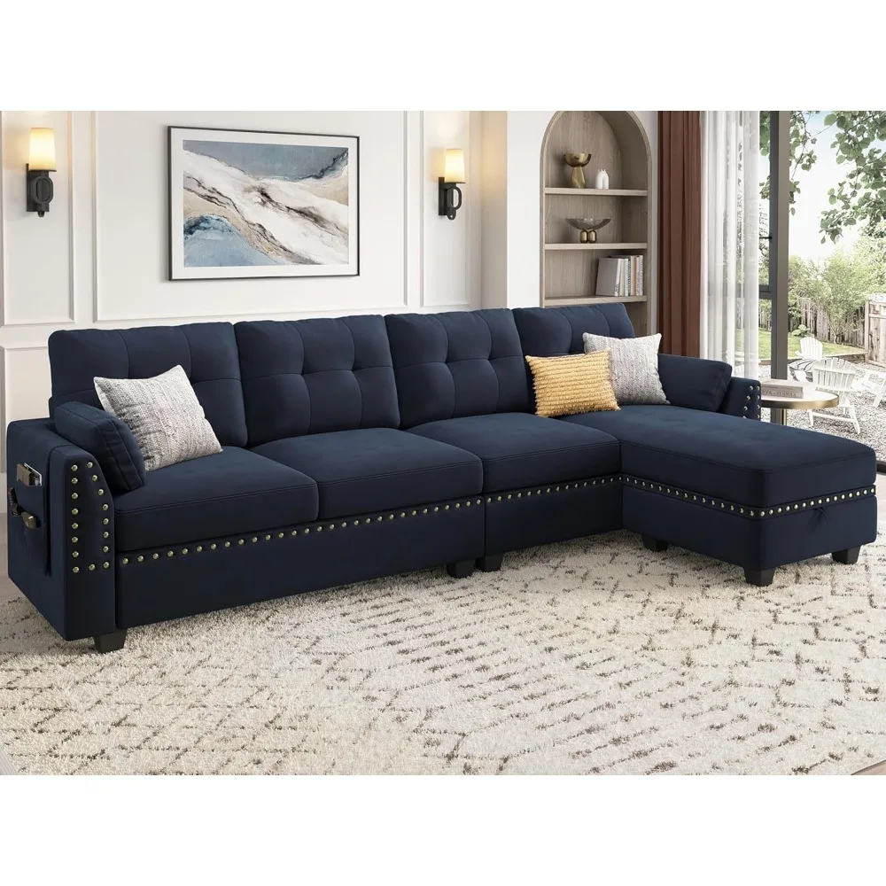 Velvet Sectional Sofa L Shaped Couch Reversible Sectional Couch Sofa for Small Space,for Living Room,Dark Blue,Living Room Sofa