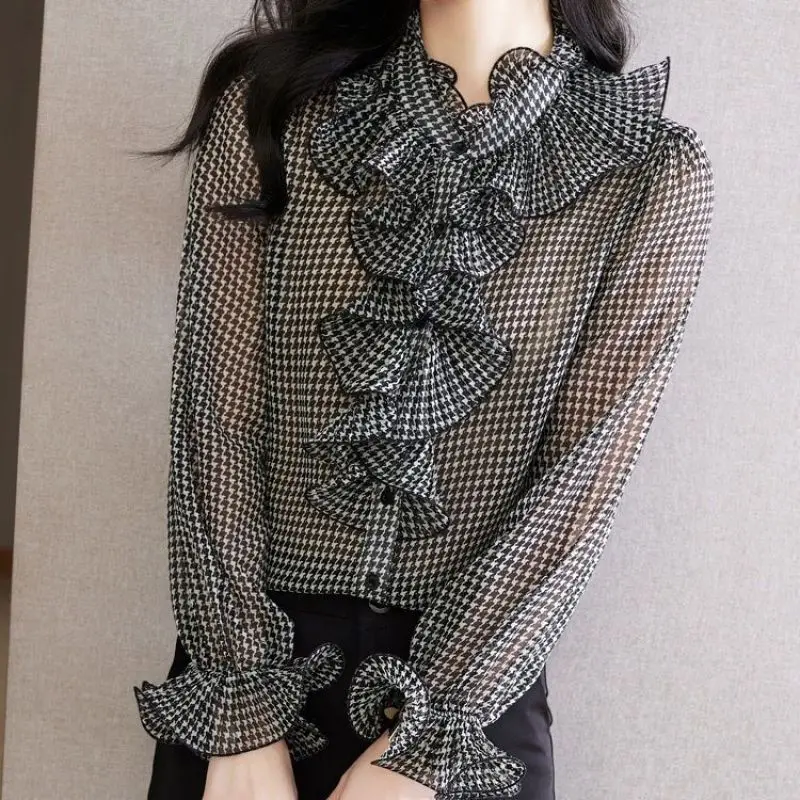 Imagem -03 - Moda Elegante Chidori Plaid Babados Chiffon Camisa Primavera 2023 Ruffled Pescoço Manga Longa Borboleta Solto Topos Roupas Femininas