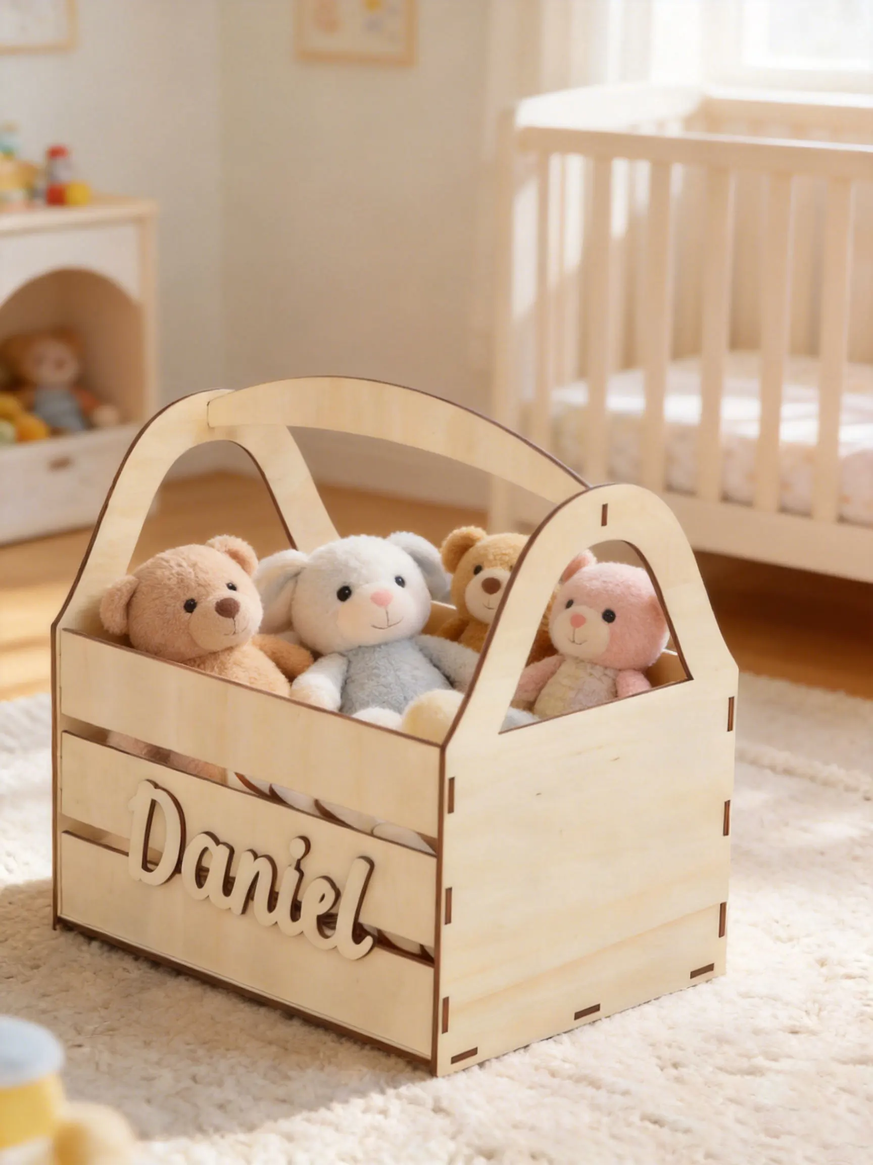 Custom Name Engraved Wooden Baby Basket Portable Nursery Toy Storage Crate Personalized Newborn Baby Shower Gift Decor Box