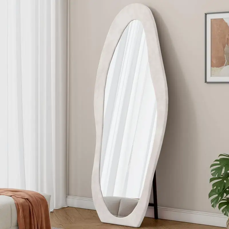 

63" x 24" Full Length Floor and Wall Mirror, Flannel Wrapped Wooden Frame, Irregular Wavy Design, Standing or Hanging, Ideal