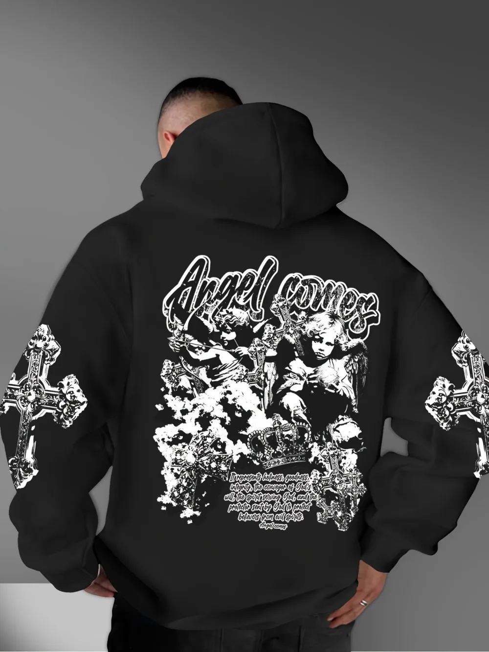 

Европейская и американская осенняя мужская микроэластичная удобная толстовка с капюшоном и микроэластичным принтом ангела, универсальный уличный топ