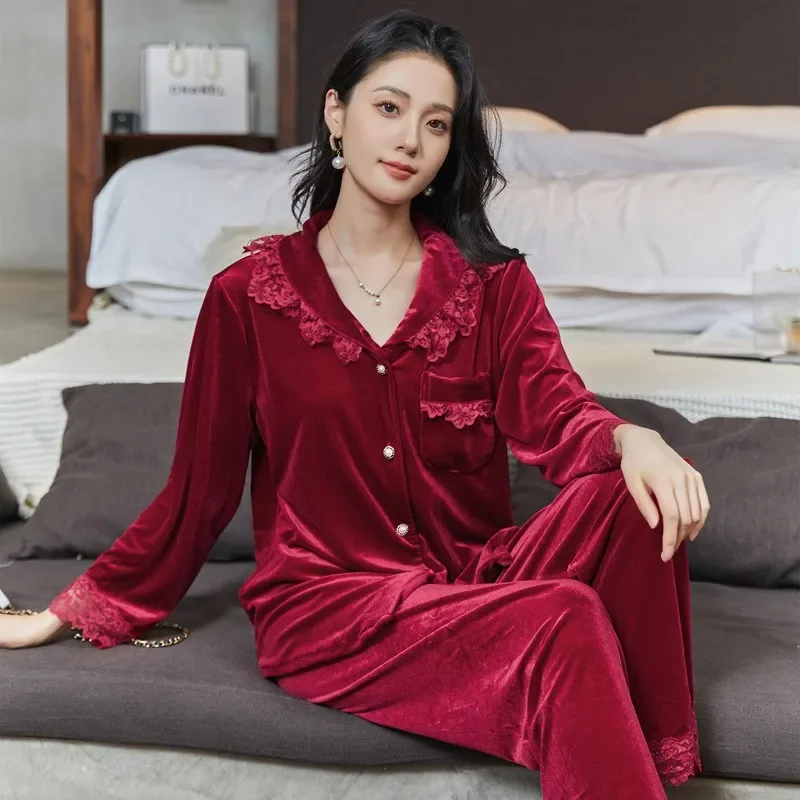 

Autumn Winter Velvet 2PCS Pajamas Set Women Velour Lace Sleepwear Trouser Suit Casual Nightwear Home Wear Pijamas Lingerie