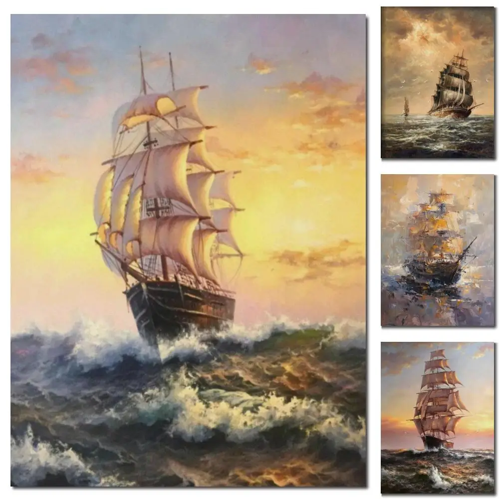 Sailing Ship Abstract Canvas Art Textured Handmade Oil Painting Modern Seascape Artwork Romantic Living Room Hallway Decor Large