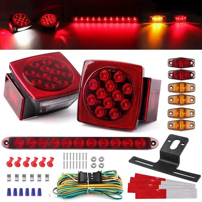 Trailer Led Light Kit, Square Led Stop Turn Tail Brake License Plate Running Lights With Wiring Harness/Marker Lights