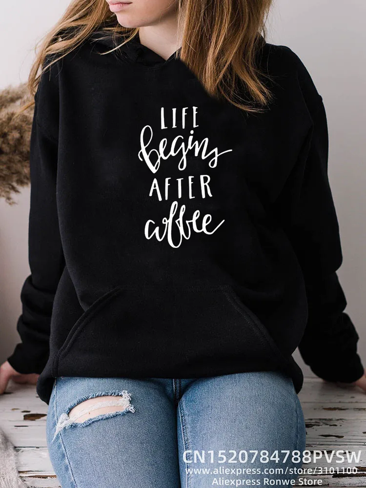 

Funny Life Being After Coffee Women Black Hoodie Girl Autumn Y2K Fleece Sweatshirts Female Harajuku Winter Kawaii Clothes