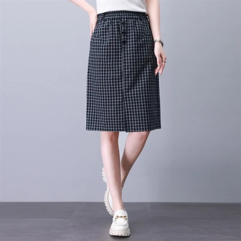 New Summer Office Lady Front Button Plaid A -line Skirt Women Vintage Fashion Floral Printed Knee-Length Skirts with Pockets