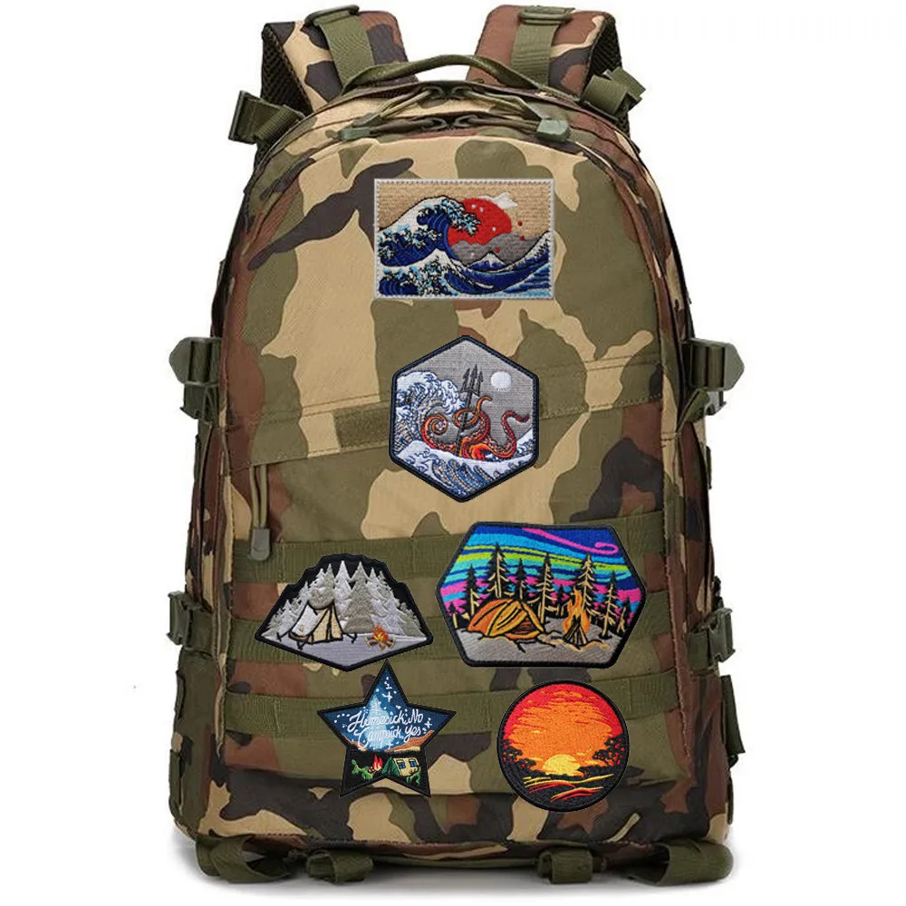 New Sunrise Octopus Wave Badge Camping Tent Campfire Armband Wolf Howl Nature Scenery Backpack Hook Loop  Patches for Clothing