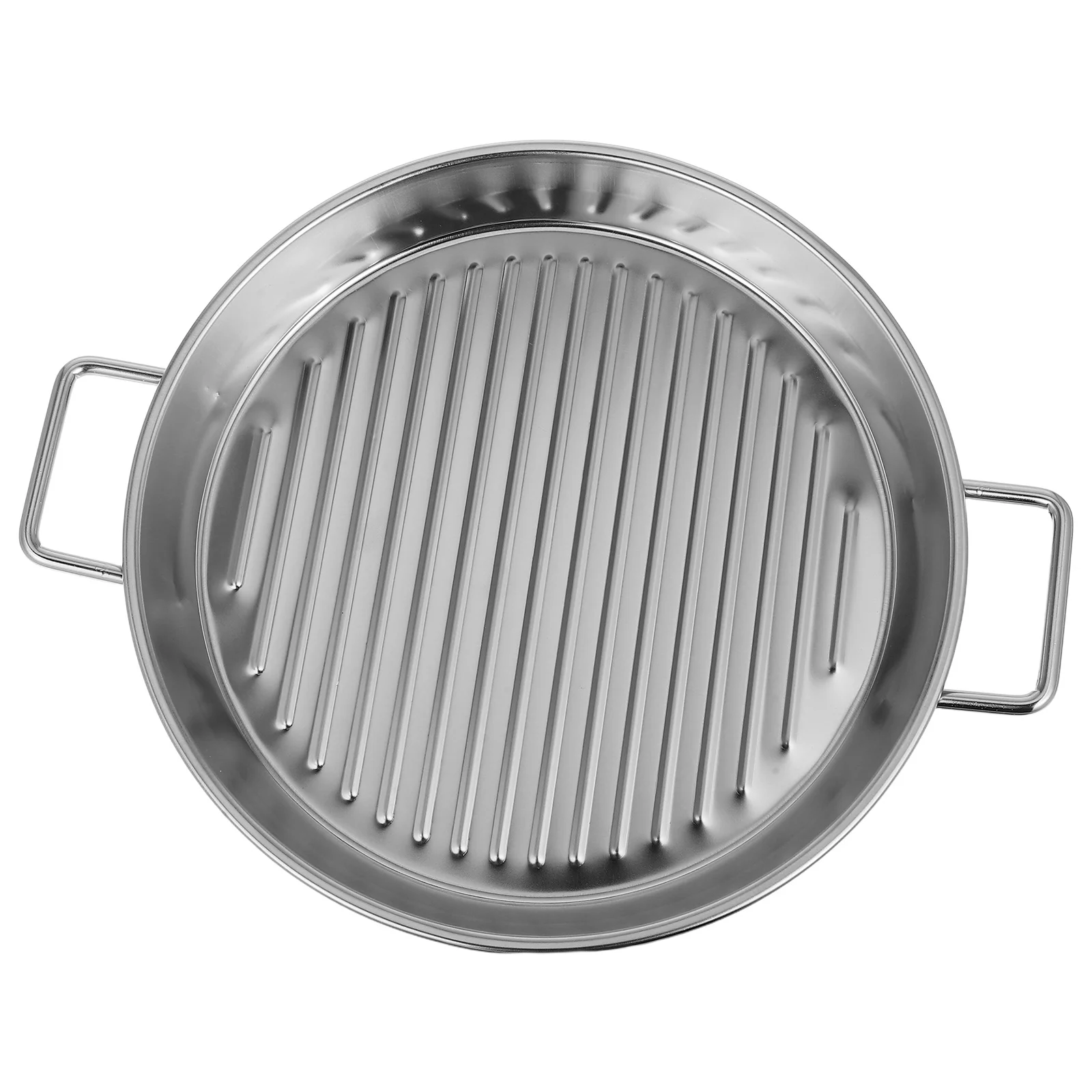 

Stainless Steel Round Barbecue Plate 20cm Silver Double Ears Design Seafood Steak Snack Plate Oil Filter Outdoor Picnic Dining
