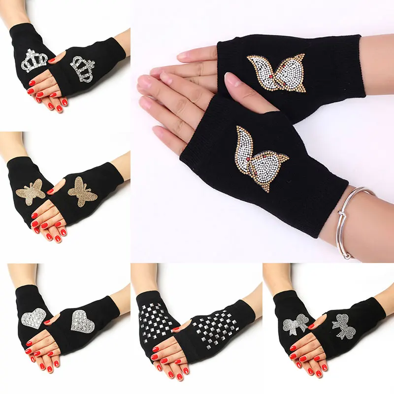 

Fingerless Knitted Gloves Rhinestone Sequins Butterfly Owl Fox Rose Crown Pattern For Women's Winter Personality Gloves Mittens