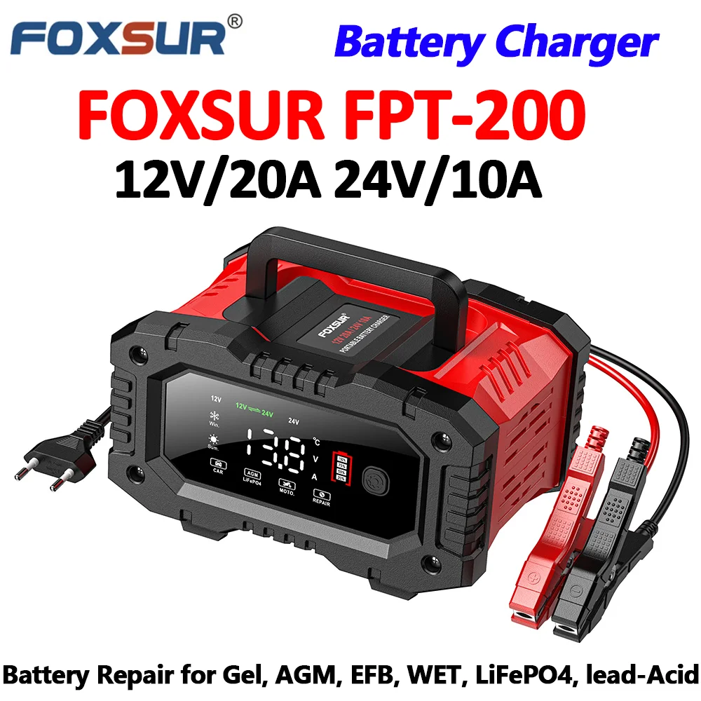 FOXSUR 12V 20A Car Battery Charger for Moto Battery Repair 24V for Truck Lead-Acid AGM LiFePo4 EFB GEL WET Battery Maintainer