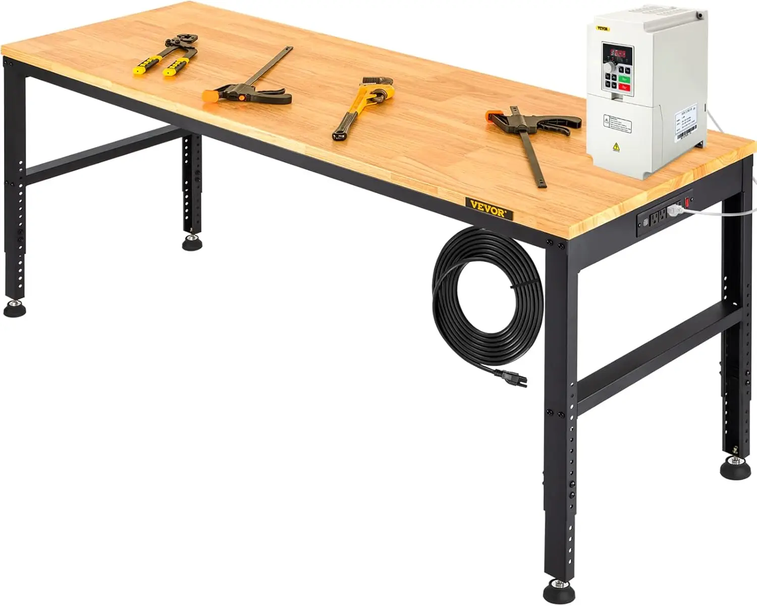 Workbench Adjustable Height, 61" x 20" Garage Table with 27.1" - 36" Heights & 2000 LBS Load Capacity, with Power Outlets