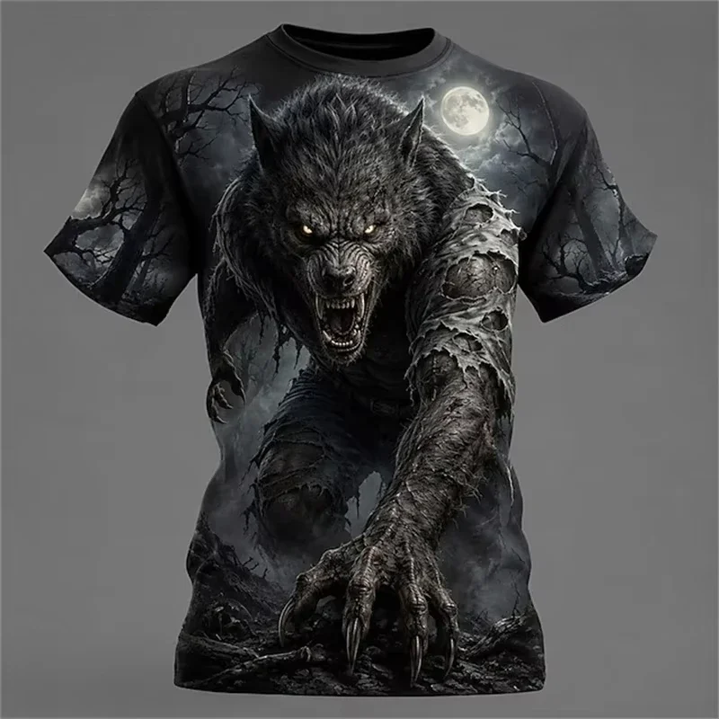 Funny Wolf Pattern Men's T-shirts Fashion Halloween Dress Up Short Sleeve Tees Casual O-neck Loose Short Sleeve Tops
