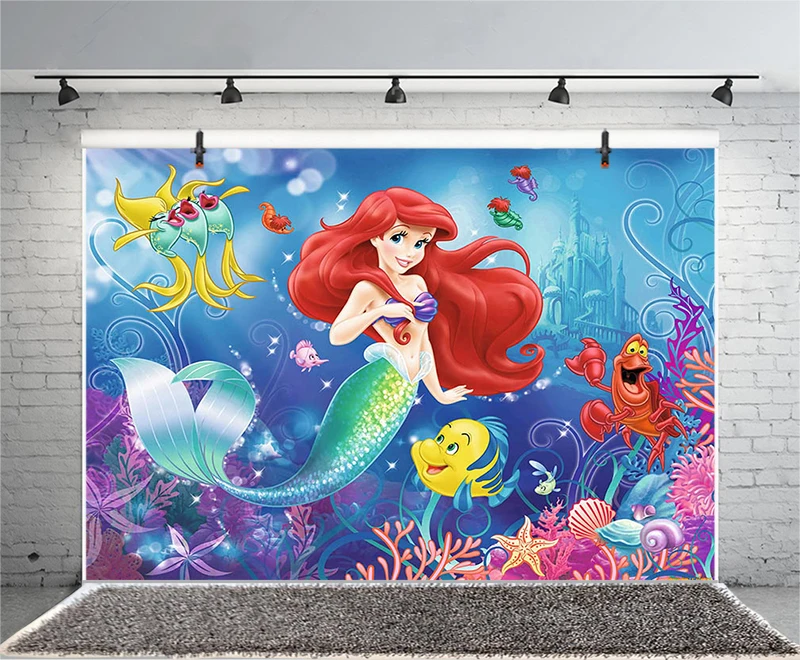 ฉากหลังแอเรียลนางเงือกน้อยสาวปาร์ตี้วันเกิดมีความสุขใต้ทะเลถ่ายภาพพื้นหลังแบนเนอร์ตกแต่งรูปภาพสตูดิโอ
