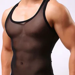 Korean Style New Fashion Tops Men's Lace Sheer Solid Color Clothes 2023 Summer Personality Sexy Tank Tops