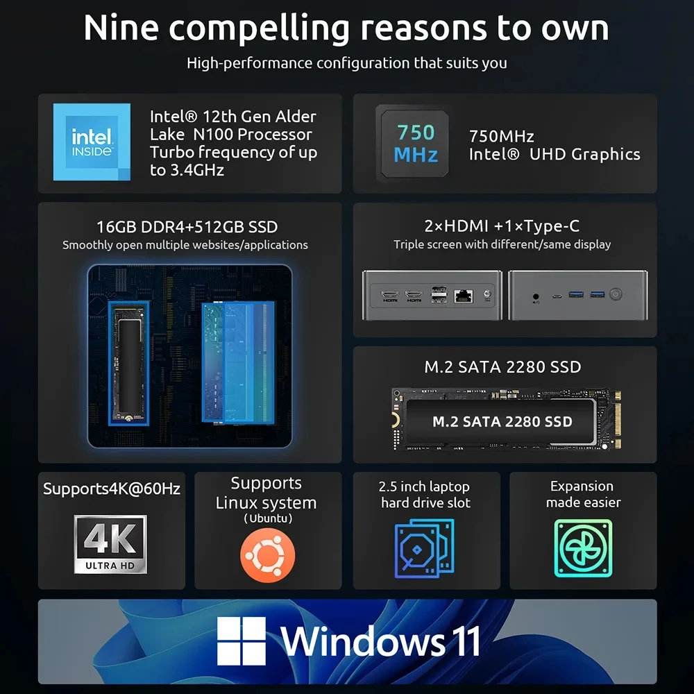 Mini PC BMAX B4 Plus Turbo con Windows 11, Intel N100/N150, 16GB, 512GB/1TB SSD, HDMI, Tipo-C, Compatible con 4K@60Hz, Gráficos Intel UHD, Bluetooth 3