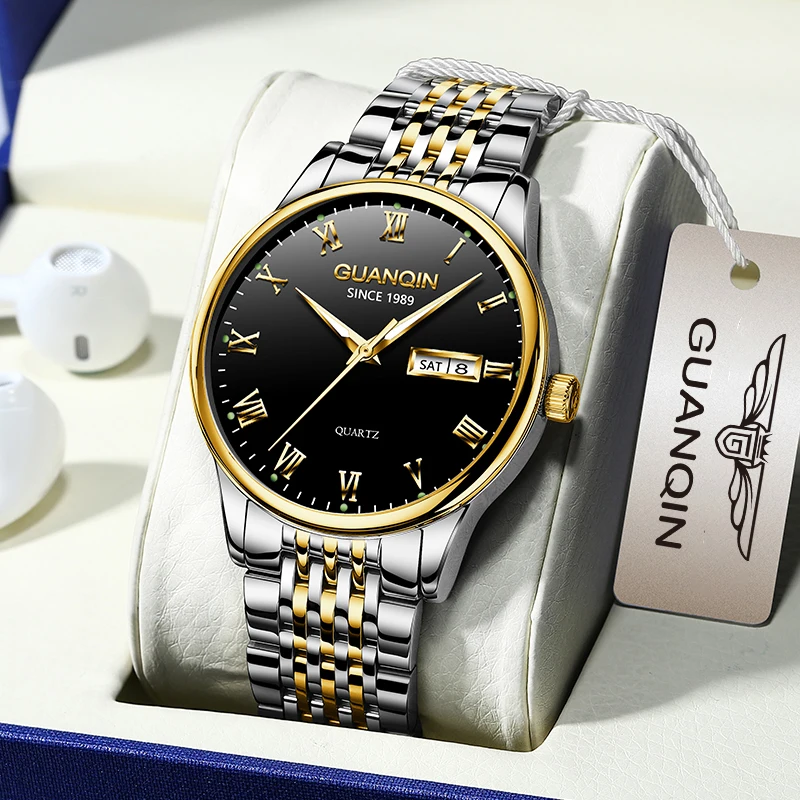 GUANQIN Luxury Men's Quartz Watch Calendar Week Display Leisure Luminous 30M Waterproof Premium Wristwatch for Man Gifts