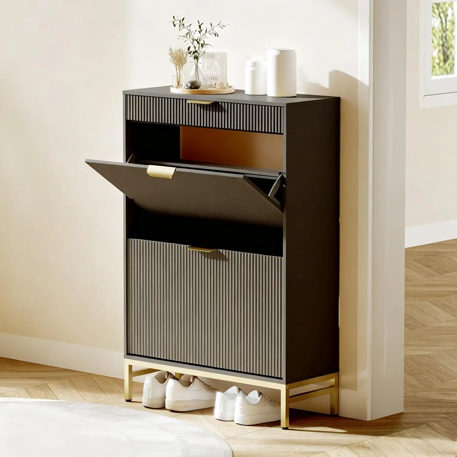 Modern Fluted Shoe Cabinet 2 Flip & Pull-Out Drawers Hook Slim Wooden Storage Organizer Metal Legs Entryway Hallway, Customized