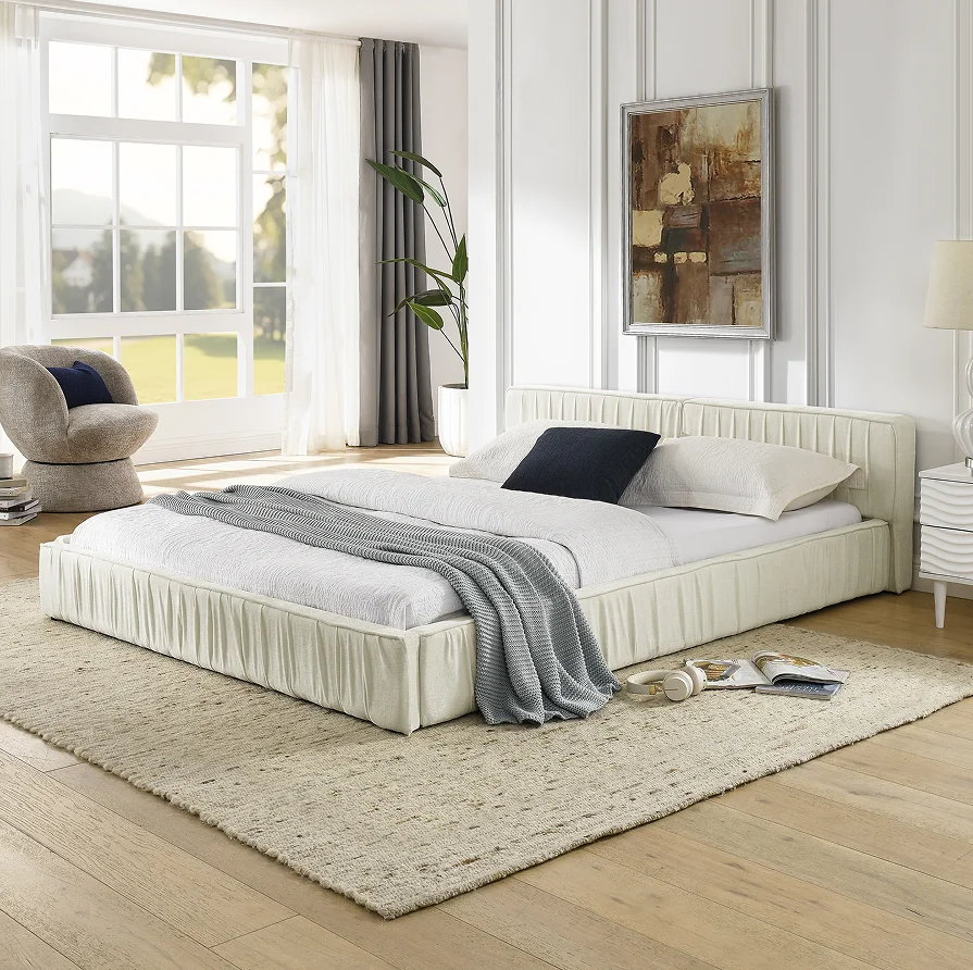 # Adjustable Modern Upholstered Bed Frame Chenille Fabric Pleated Grounded Platform Bed Headboard Solid Wood Frame